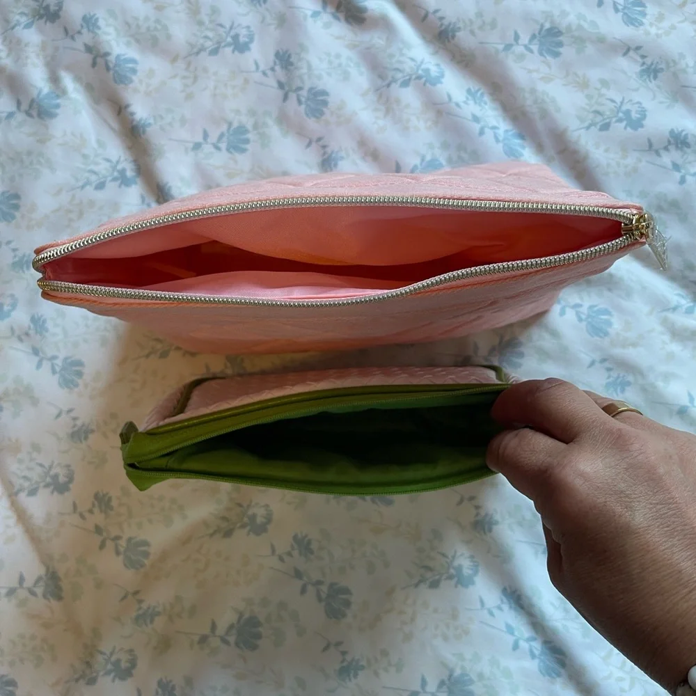 Dual Cosmetic Pouch Set - Pink Quilted Pouch & White Woven Pouch with Green Trim